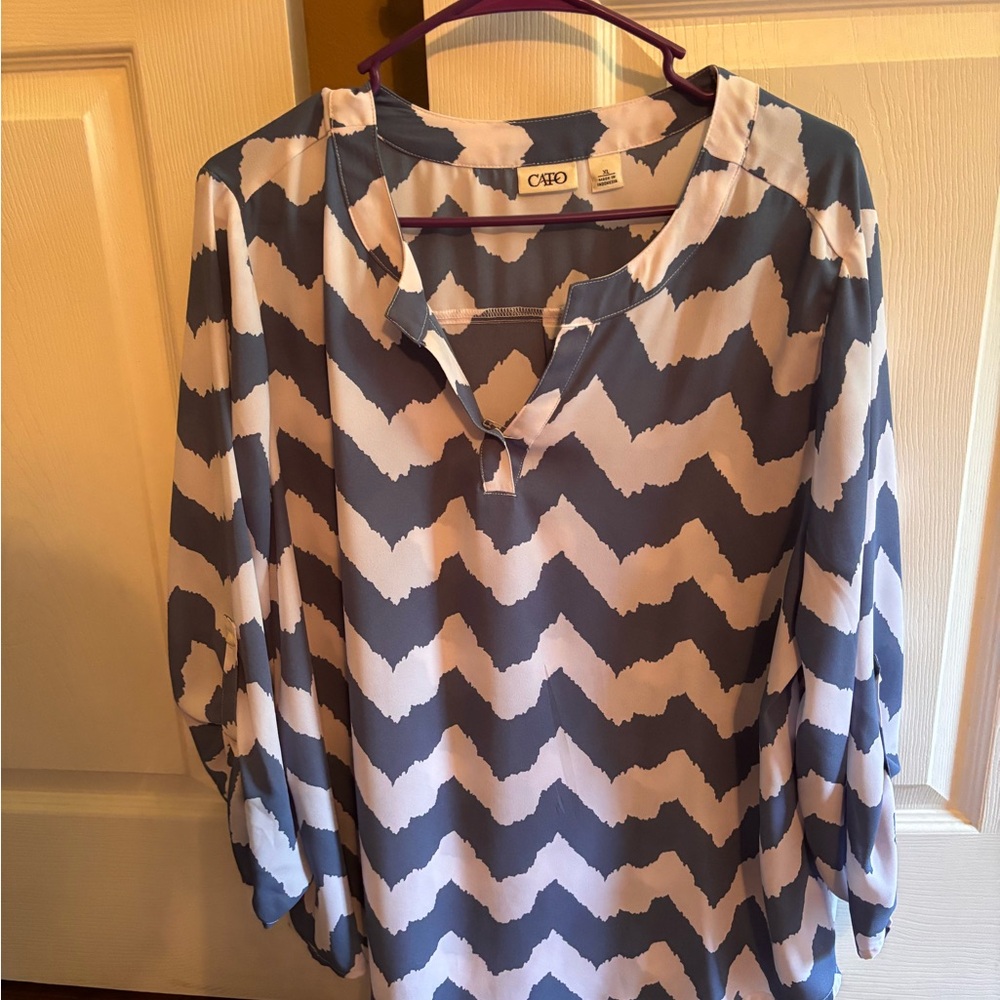 Cato Blue and White Graphic Blouse with Mandarin Collar